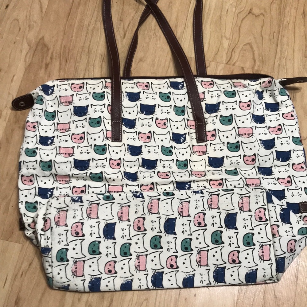 Large cat and Paisley print leather handle tote bag